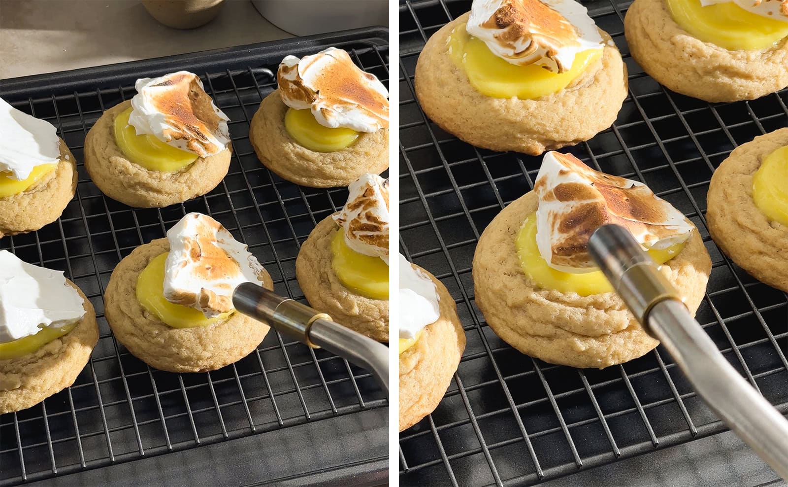 Two images of meringue on a cookie being toasted with a torch.