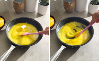 Left to right: a cube of butter in a pan of lemon urd, stirring butter into lemon curd with a spatula.