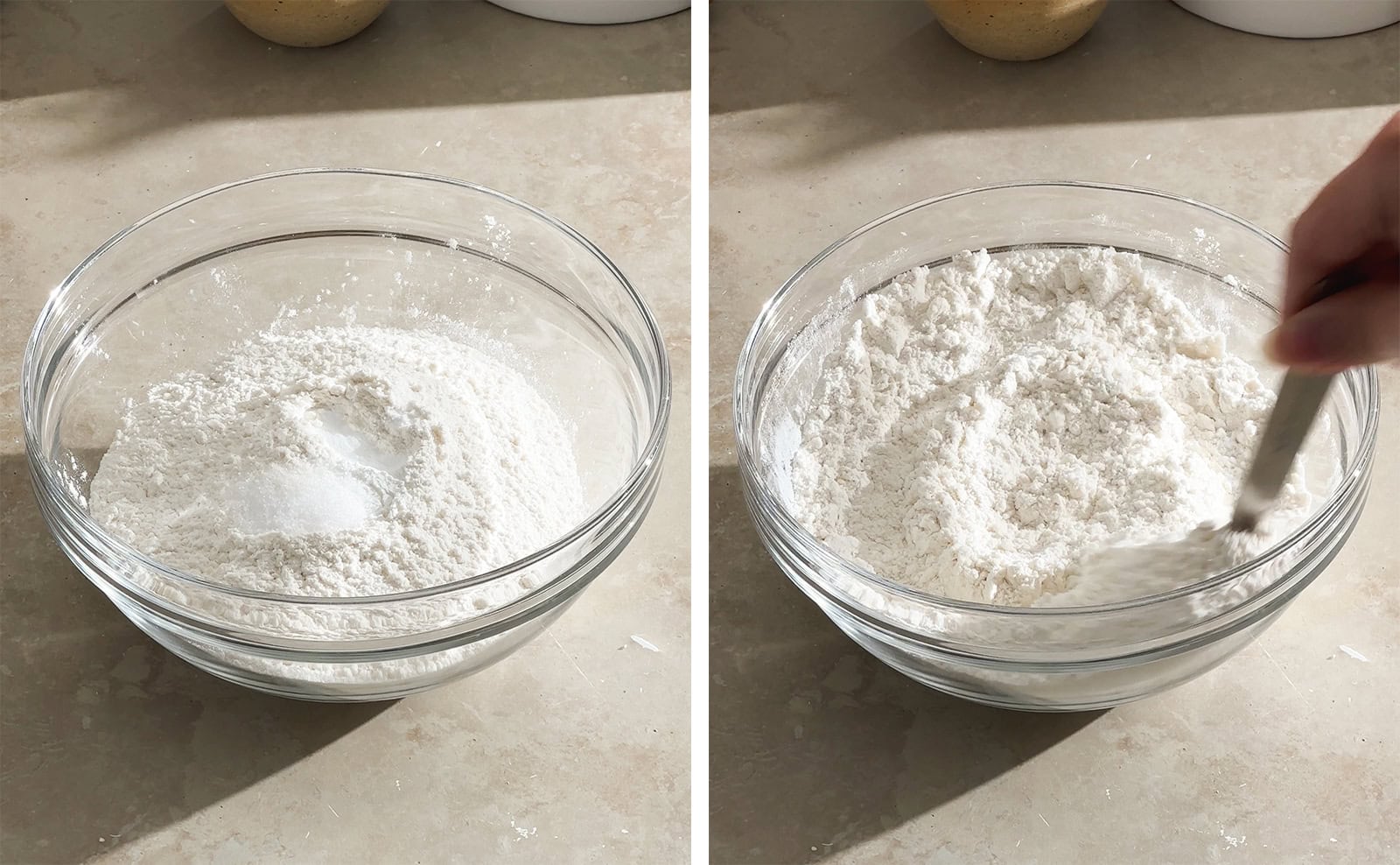 Left to right: dry ingredients in a mixing bowl, stirring dry ingredients with a spoon.