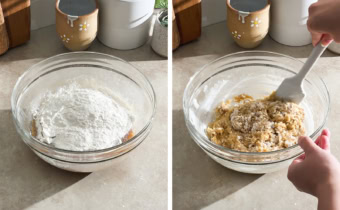 Left to right: dry mixture added to a bowl of wet mixture, folding cookie dough together with a spatula.