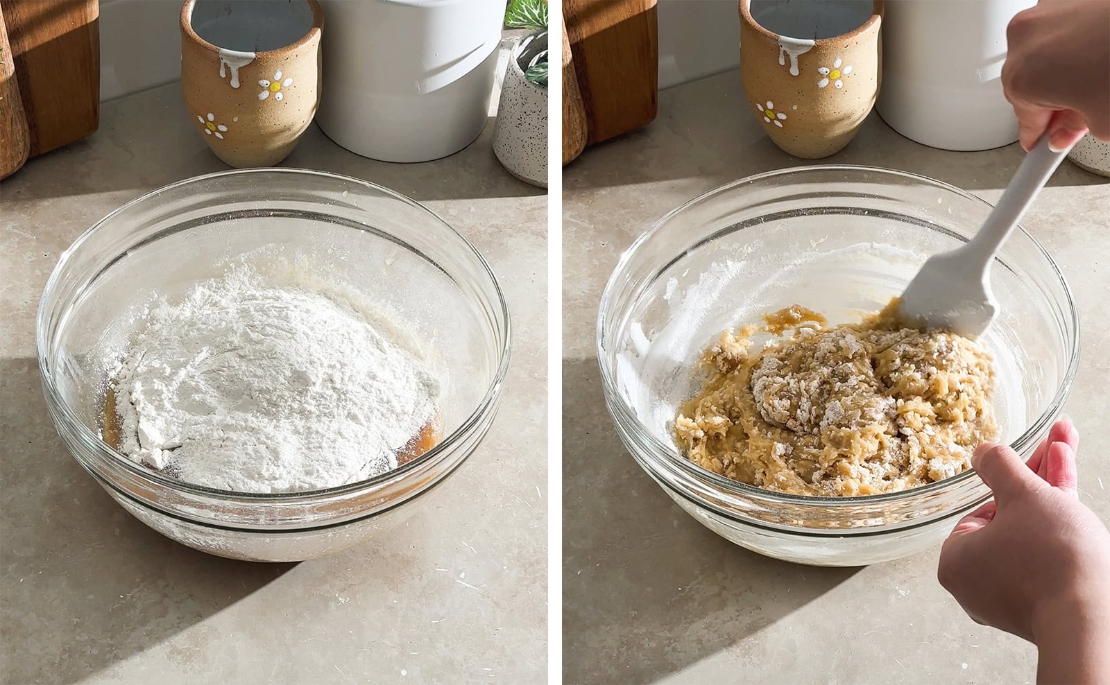 Left to right: dry mixture added to a bowl of wet mixture, folding cookie dough together with a spatula.