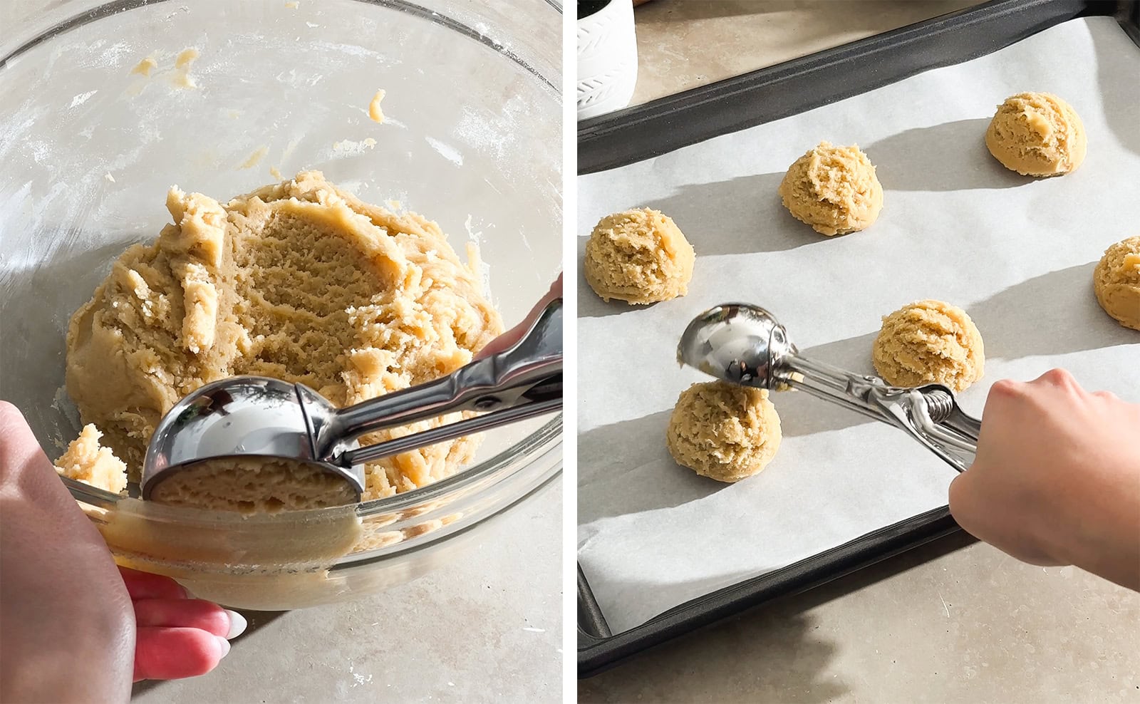 Left to right: scooping cookie dough out of a bowl with a cookie scooper, releasing a ball of cookie dough on a baking sheet.