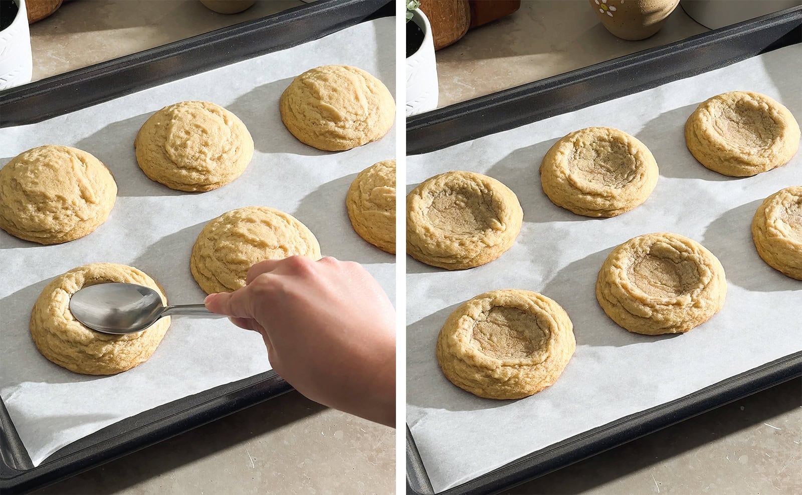 Left to right: pressing a spoon on top of baked cookies on a baking sheet, cookies with a depression pressed into the middle on a baking sheet.