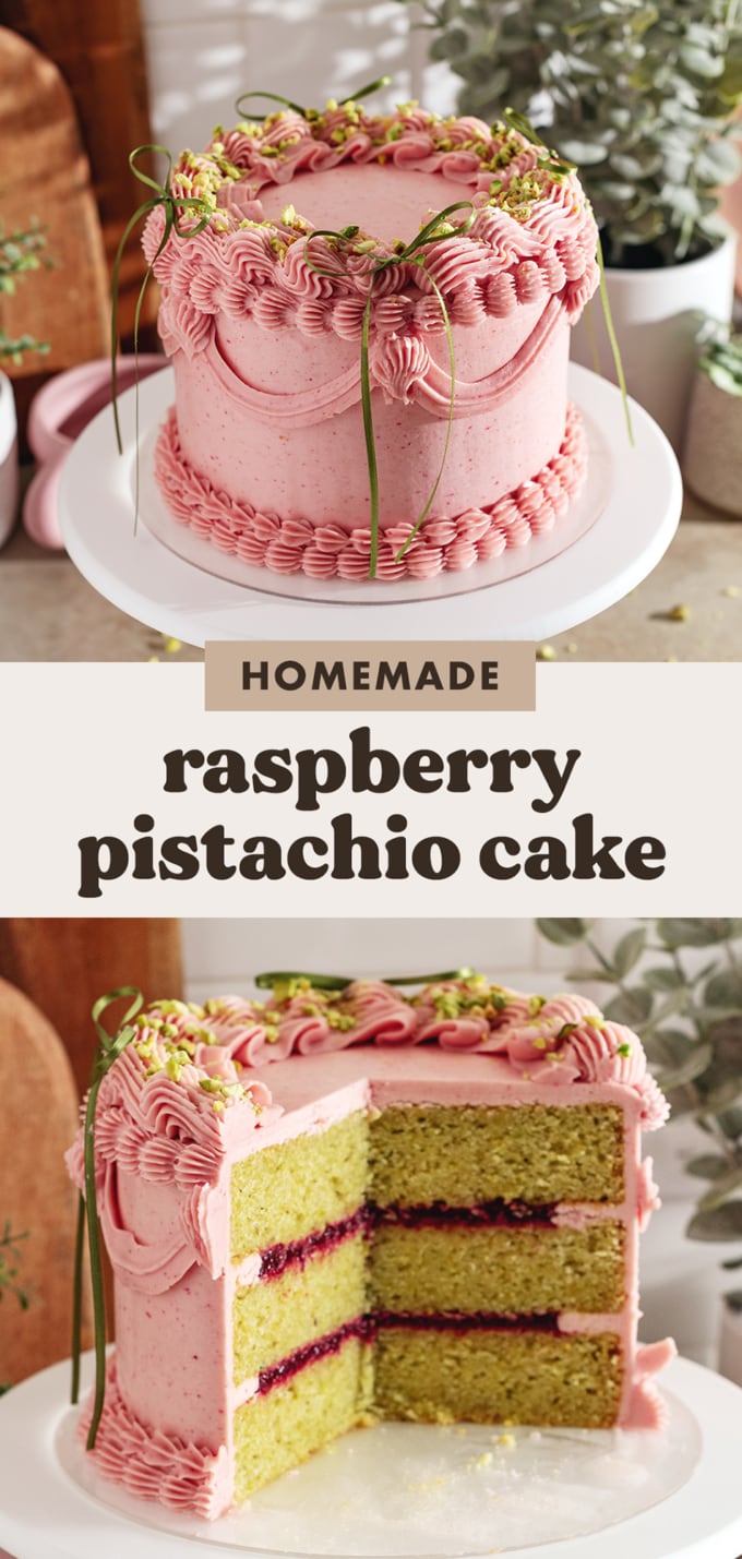 Two images of a raspberry pistachio cake with text overlay that reads "homemade raspberry pistachio cake".
