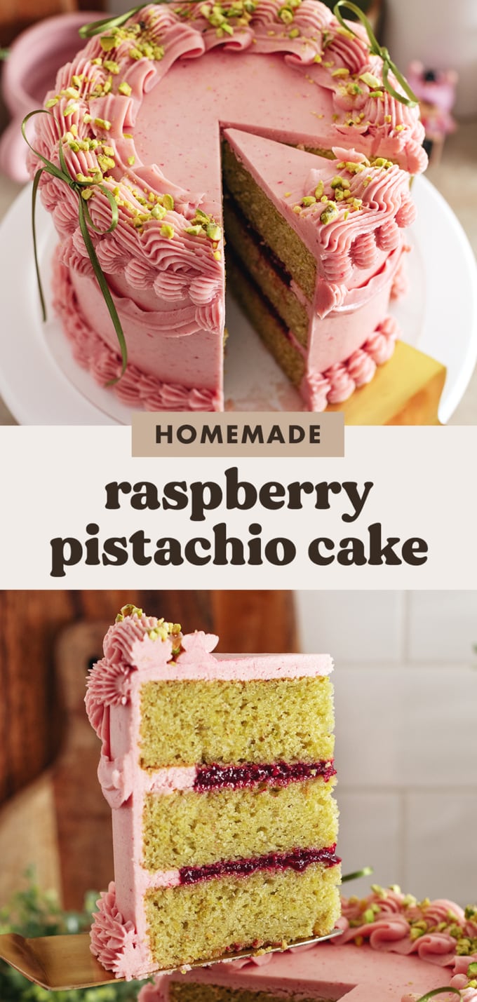 Two images of a raspberry pistachio cake with text overlay that reads "homemade raspberry pistachio cake".