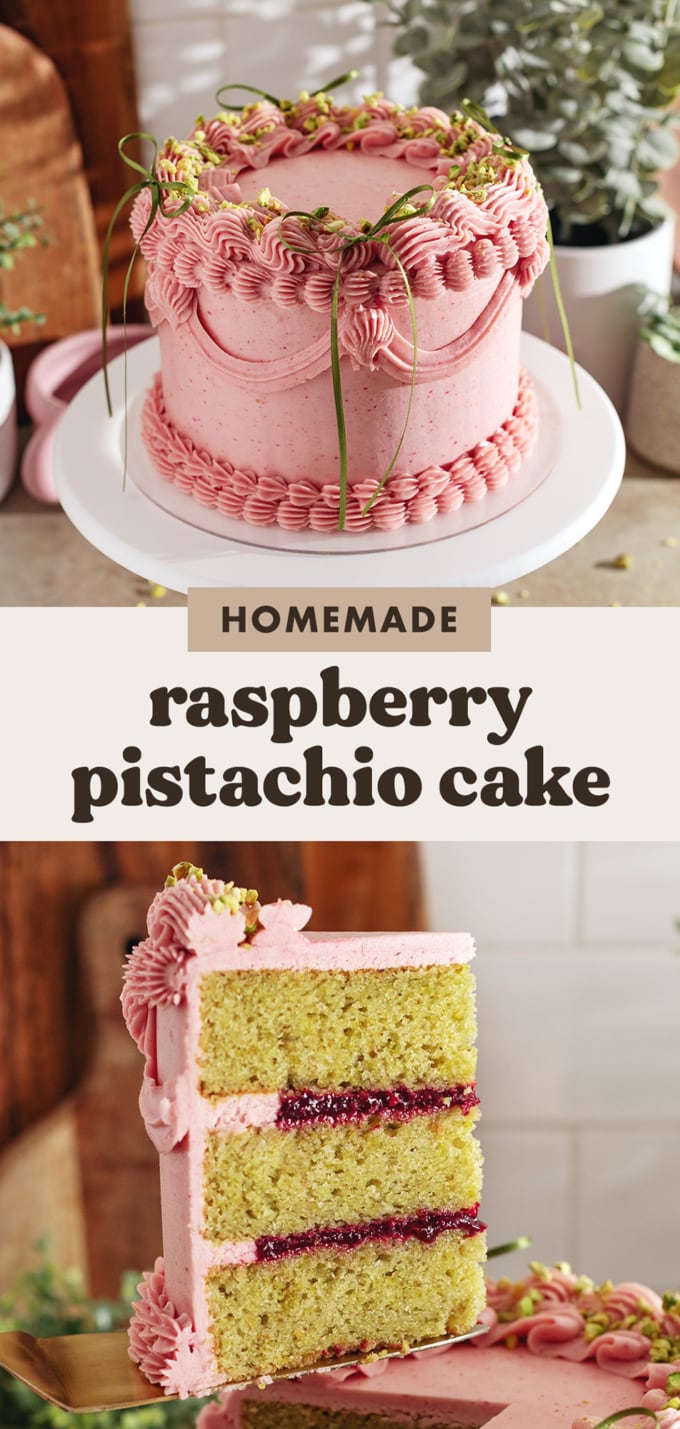 Two images of a raspberry pistachio cake with text overlay that reads "homemade raspberry pistachio cake".