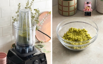 Left to right: Pistachios in a bullet blender, finely ground pistachios in a bowl.