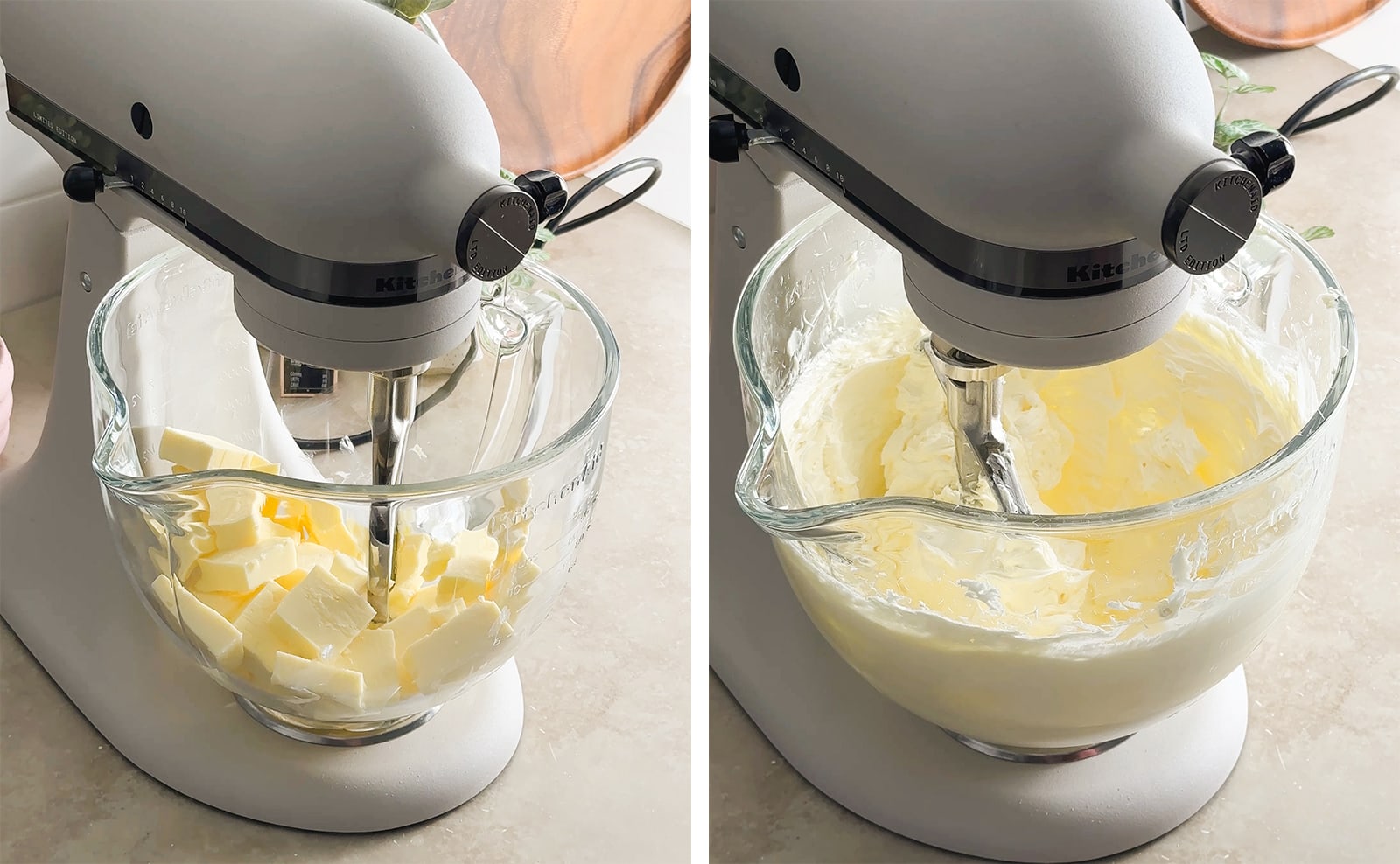 Left to right: cubes of butter in the bowl of a stand mixer, whipped butter in a stand mixer.