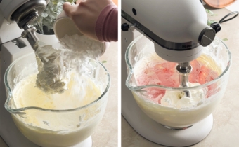 Left to right: pouring powdered sugar into stand mixer full of creamed butter, mixing raspberry jam into buttercream in a stand mixer.