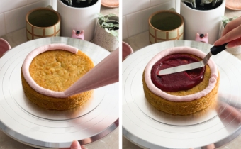 Left to right: piping a ring of buttercream on top of cake layer, spreading raspberry jam on top of cake layer.
