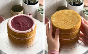 Left to right: buttercream and jam on top of cake layer, hands placing a cake layer on top of cake.