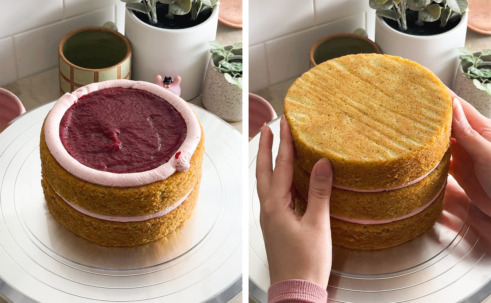 Left to right: buttercream and jam on top of cake layer, hands placing a cake layer on top of cake.