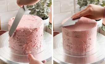 Left to right: spreading a crumb coat of frosting around cake, scraping buttercream on a cake with a scraper.