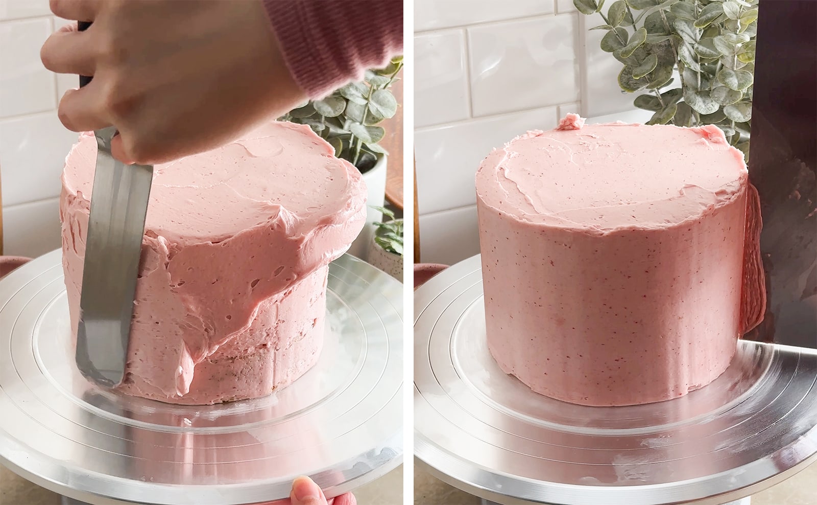 Left to right: spreading buttercream onto cake with a spatula, scraping buttercream off the sides of a cake with a scraper.