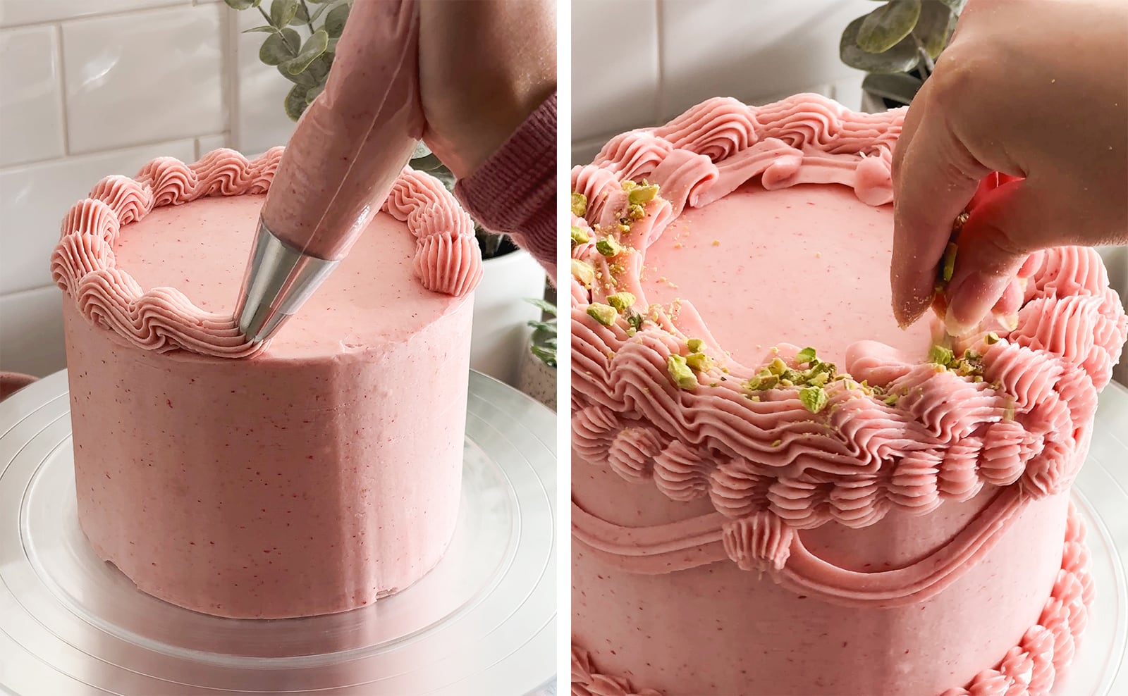 Left to right: piping buttercream on top of cake, hand sprinkling pistachios on top of cake.