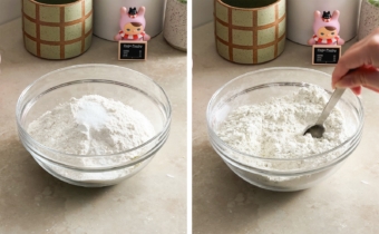 Left to right: dry ingredients in a bowl, stirring dry ingredients with a spoon.