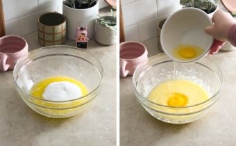 Left to right: sugar and melted butter in a bowl, pouring an egg into a bowl of batter.