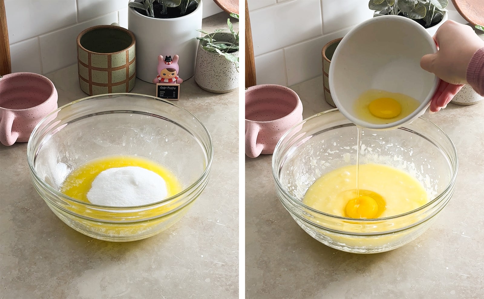 Left to right: sugar and melted butter in a bowl, pouring an egg into a bowl of batter.