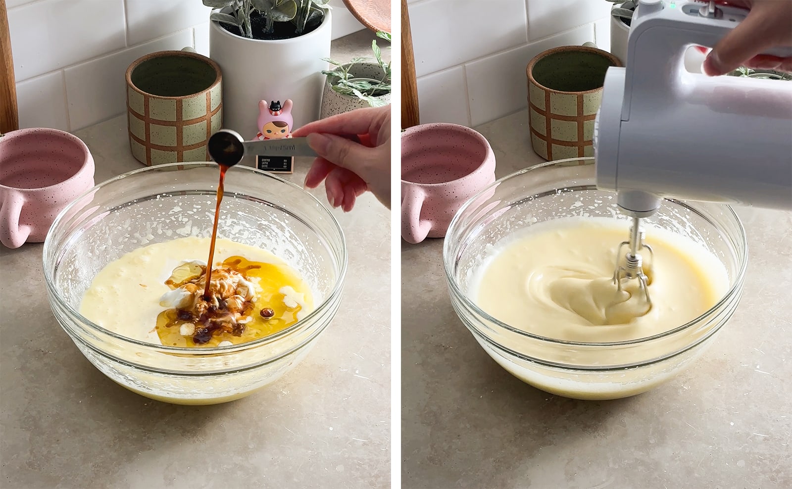 Left to right: pouring vanilla extract into a bowl of batter, mixing cake batter with a hand mixer.