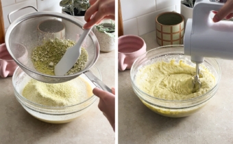 Left to right: sifting pistachio flour into cake batter, mixing pistachio cake batter with a hand mixer.