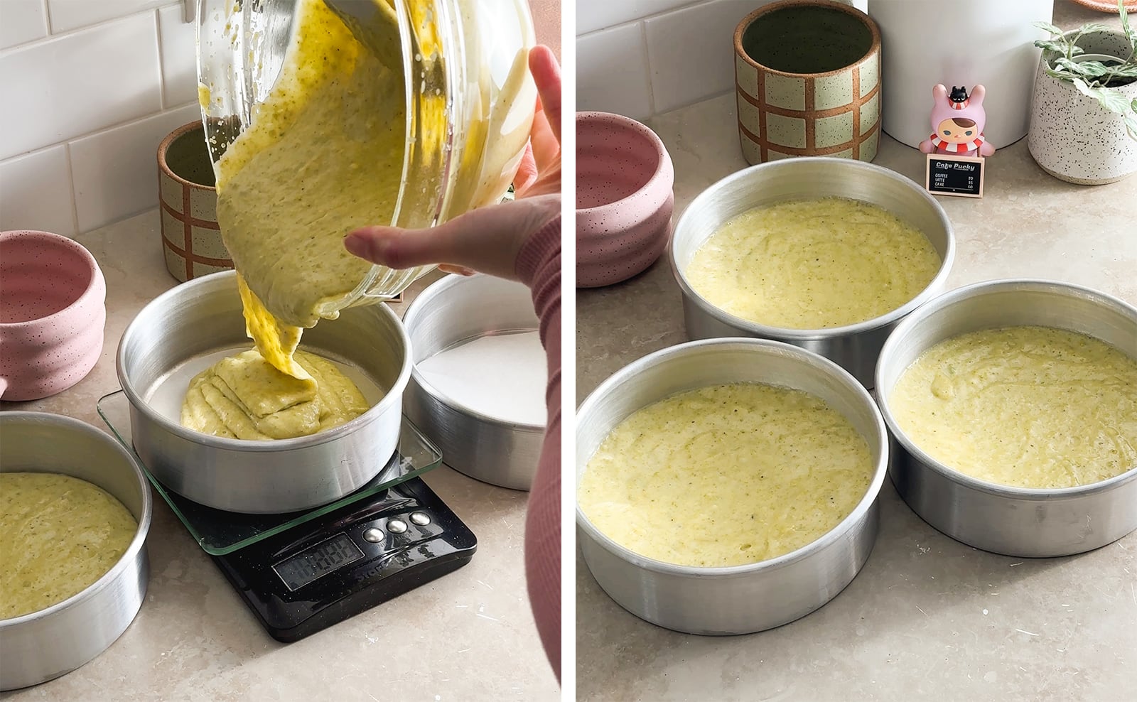 Left to right: pouring pistachio cake batter into a cake pan, three cake pans filled with cake batter.