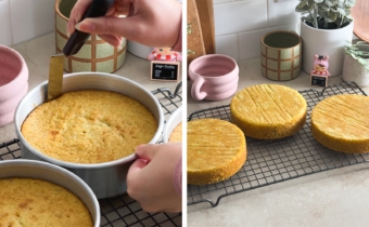 Left to right: running an offset spatula around a cake pan, three baked cake layers on a wire rack.