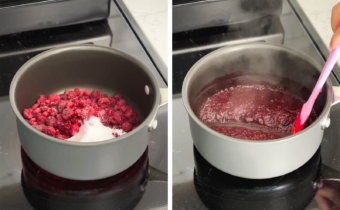 Left to right: raspberries and sugar in a pot, running a spatula through raspberry jam in a pot.