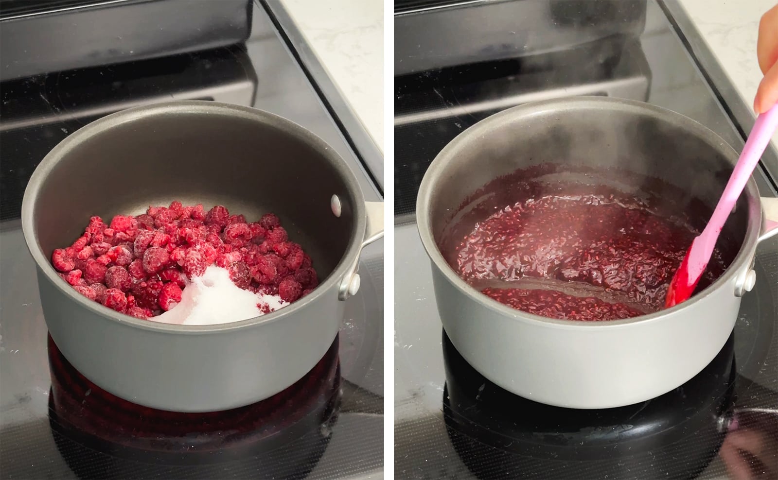 Left to right: raspberries and sugar in a pot, running a spatula through raspberry jam in a pot.
