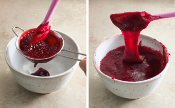 Left to right: straining raspberry jam through a sieve into a bowl, seedless raspberry jam dripping off a spatula back into a bowl.