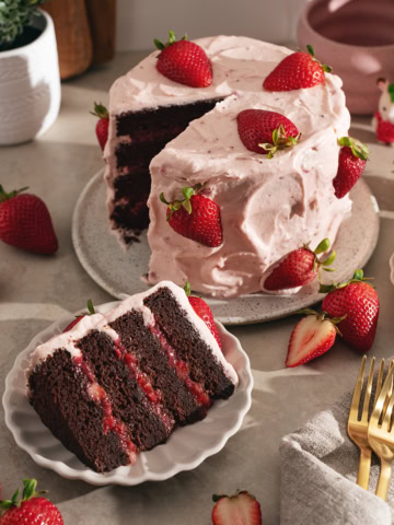 A slice of strawberry chocolate cake on a plate in front of the rest of the strawberry-covered cake.