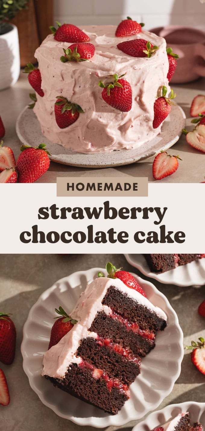 Two images of a strawberry chocolate cake with a text overlay that reads "homemade strawberry chocolate cake".