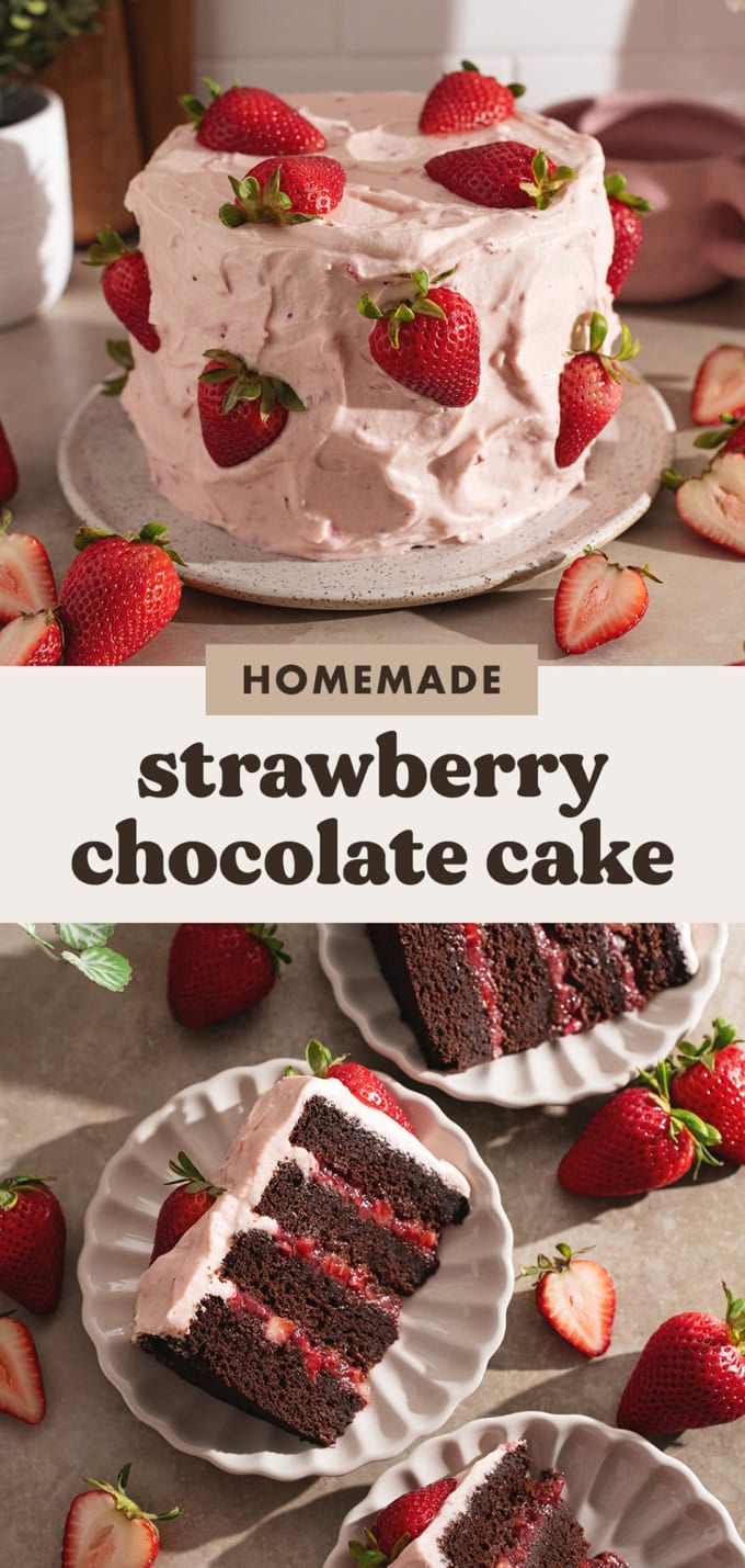 Two images of a strawberry chocolate cake with a text overlay that reads "homemade strawberry chocolate cake".