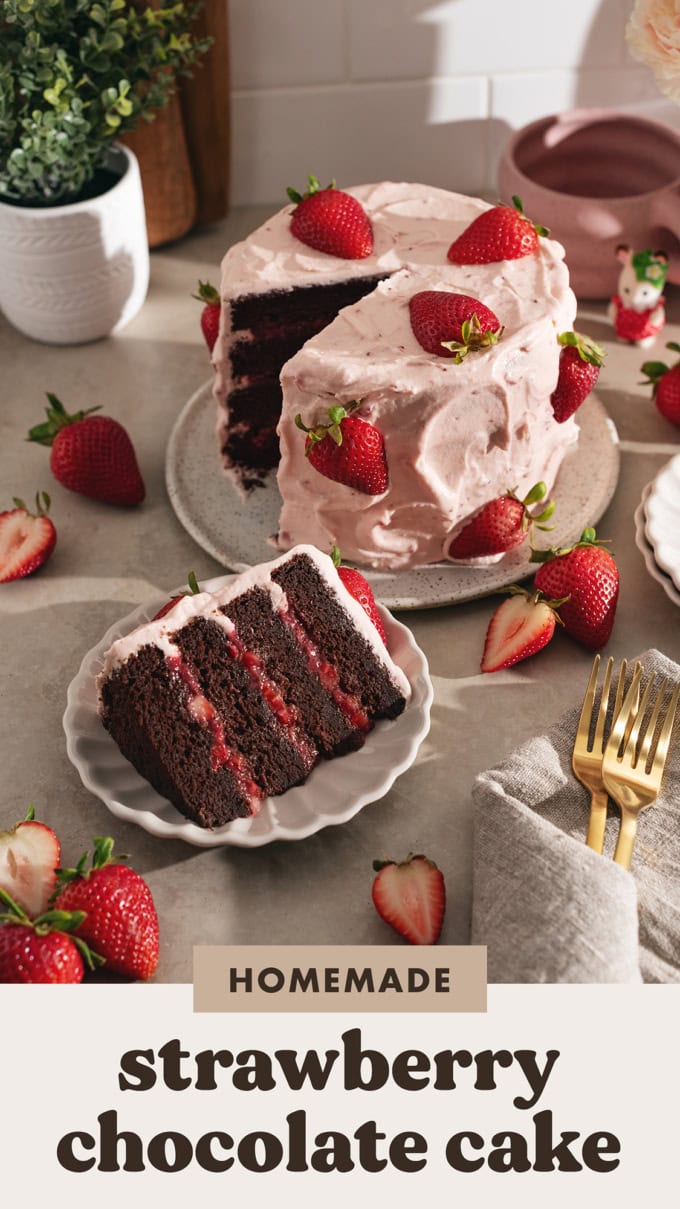 A slice of strawberry chocolate cake on a plate in front of the rest of the strawberry-covered cake.