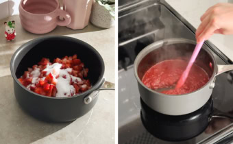 Left to right: diced strawberries and sugar in a pot, hand dragging a spatula through a pot of strawberry jam.