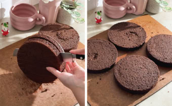 Left to right: slicing a chocolate cake layer in half, four cake layers on a cutting board.