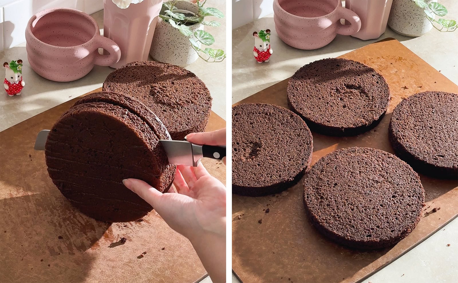 Left to right: slicing a chocolate cake layer in half, four cake layers on a cutting board.