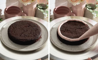 Left to right: one cake layer on a turntable, piping a ring of frosting on the edge of a cake layer.