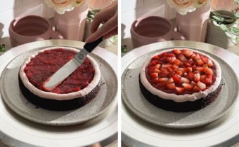 Left to right: spreading strawberry jam on top of a cake layer with an offset spatula, diced strawberries on top of a cake layer.