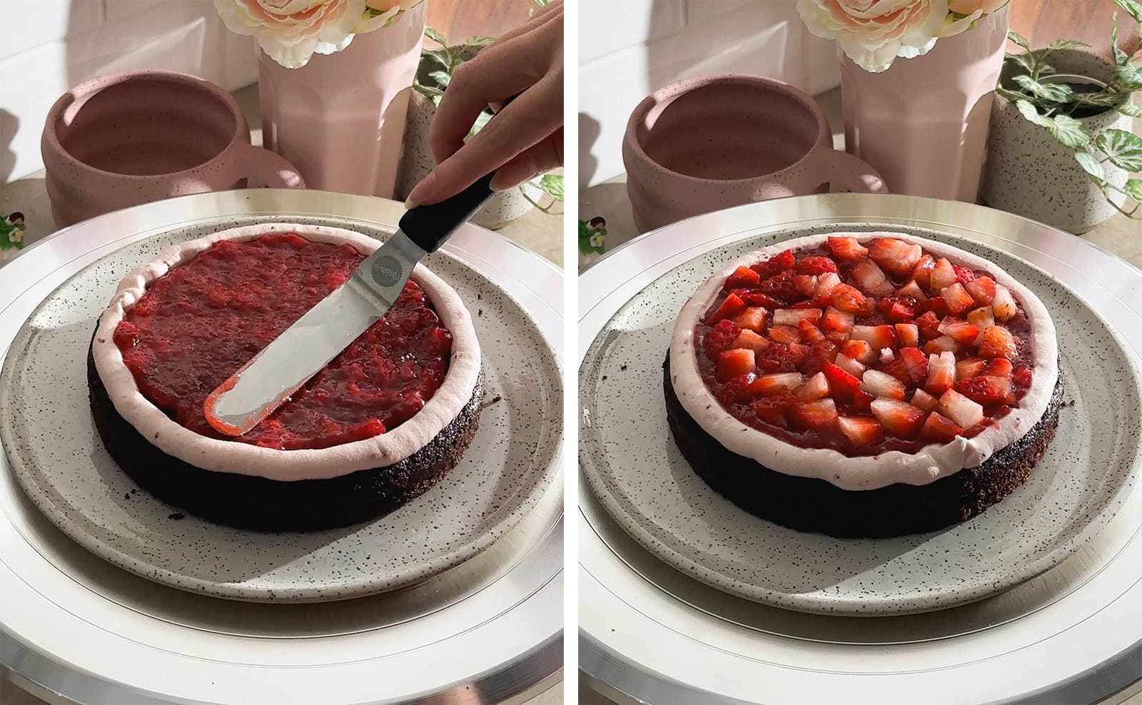 Left to right: spreading strawberry jam on top of a cake layer with an offset spatula, diced strawberries on top of a cake layer.