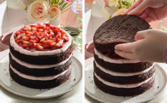 Left to right: strawberry filling on top of the third cake layer in a stack, hands placing a final cake layer on top of a cake.