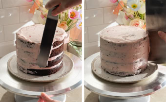 Left to right: spreading frosting on a cake as a crumb coat, scraping frosting off of a cake with a cake scraper.