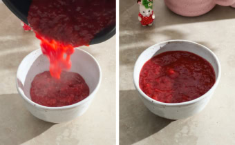 Left to right: pouring strawberry jam into a bowl, a bowl filled with strawberry jam.