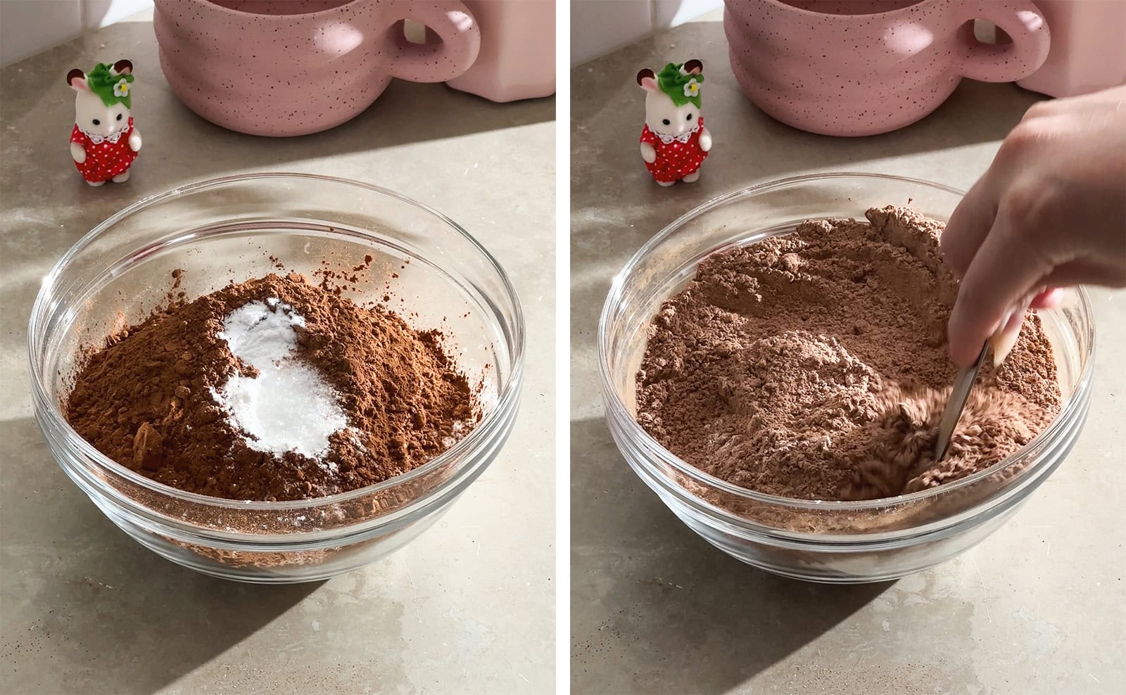 Left to right: dry ingredients in a bowl, mixing dry ingredients in a bowl with a spoon.