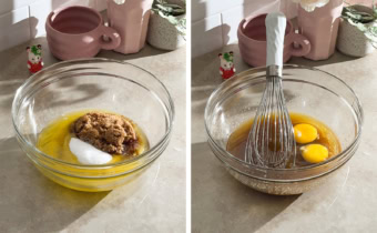 Left to right: melted butter and sugar in a mixing bowl, two eggs in a mixing bowl of wet ingredients with a whisk.