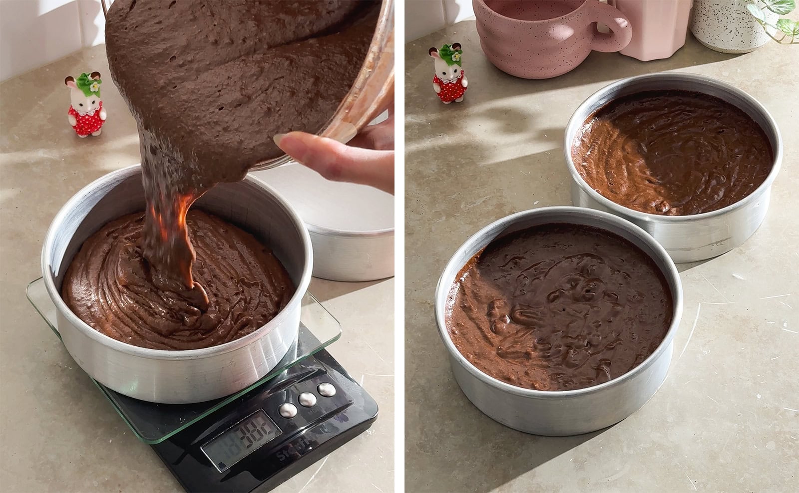 Left to right: pouring chocolate cake batter into a cake pan on a scale, two cake pans filled with cake batter.