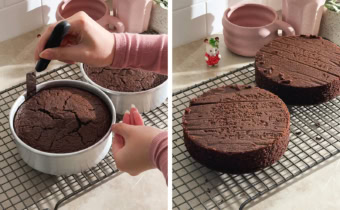 Left to right: hand running an offset spatula around the edges of a cake, two chocolate cake layers in a wire rack.