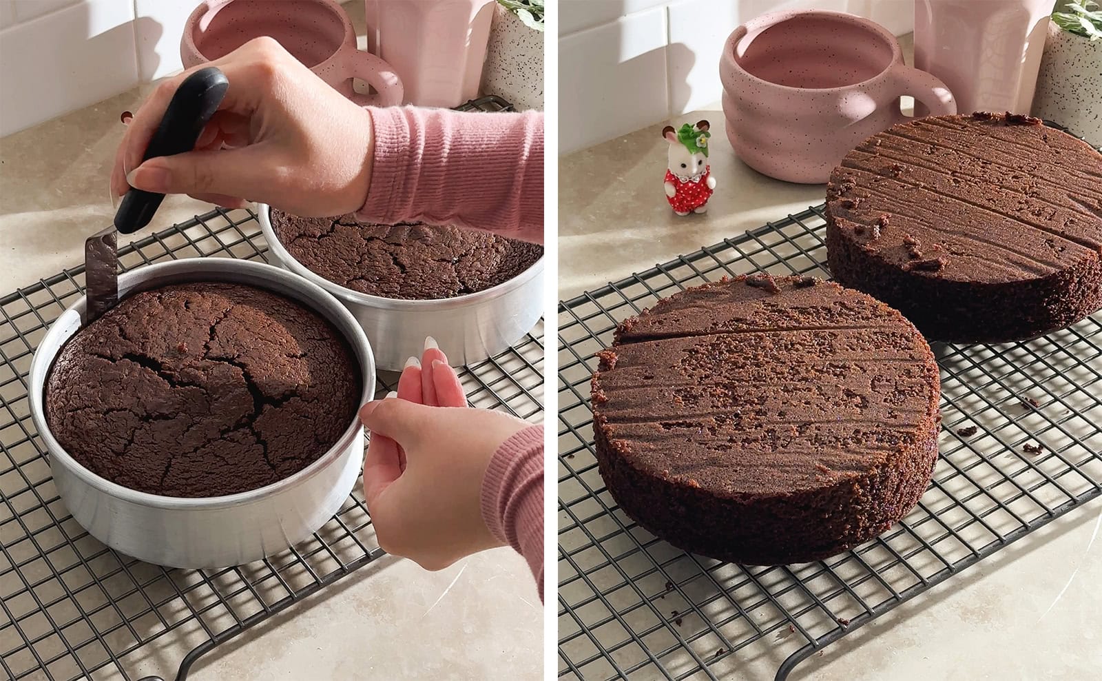 Left to right: hand running an offset spatula around the edges of a cake, two chocolate cake layers in a wire rack.