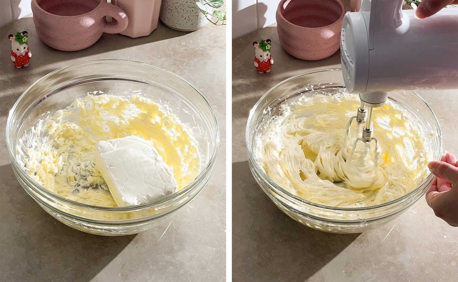 Left to right: a block of cream cheese in a bowl of creamed butter, creaming butter and cream cheese together with a hand mixer.