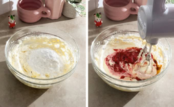 Left to right: powdered sugar in a bowl of butter and cream cheese, mixing strawberry jam into cream cheese frosting with a hand mixer.