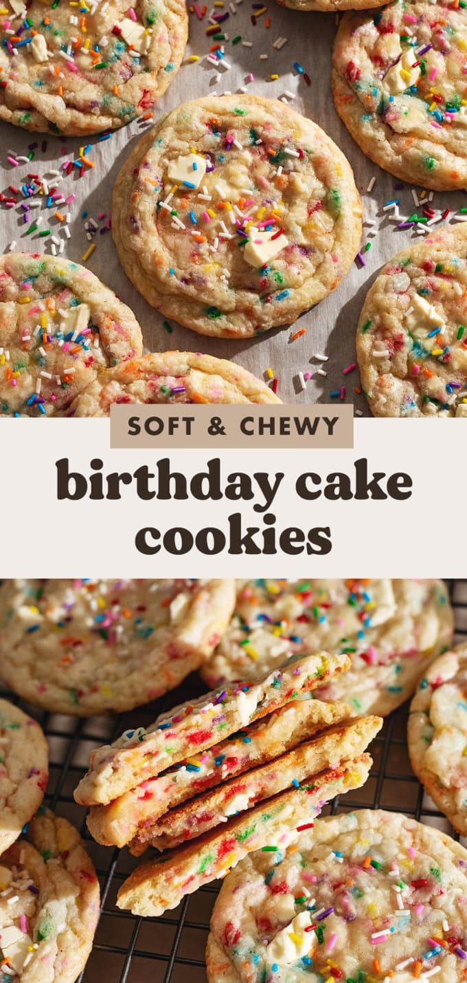 Two images of birthday cake cookies with a text overlay that reads "soft and chewy birthday cake cookies".